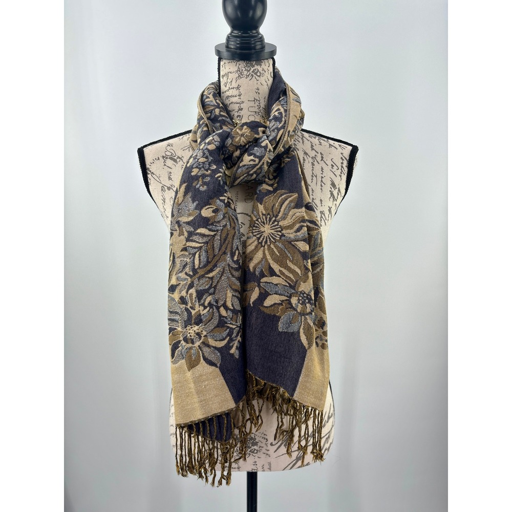 Jacquard Scarf Wrap Beige Navy Floral Fringed Rectangle Boho Shawl Layering